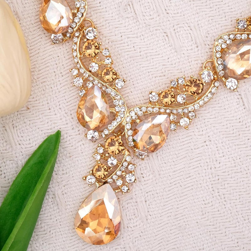 CSY Women's Elegant Bridal Necklace Earrings Stretch Bangle Bracelsts Set for Bride Bridesmaid Wedding Teardrop Crystal Costume Jewelry Sets - Image 4
